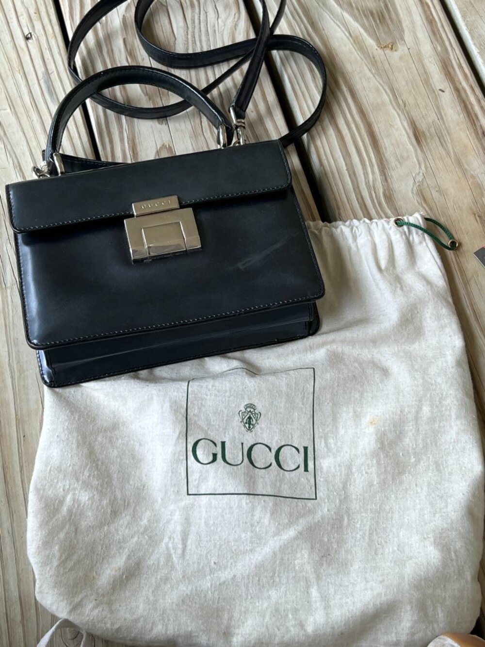 Vintage Gucci blue patent Lady Lock top handle bag - silver - crossbody strap